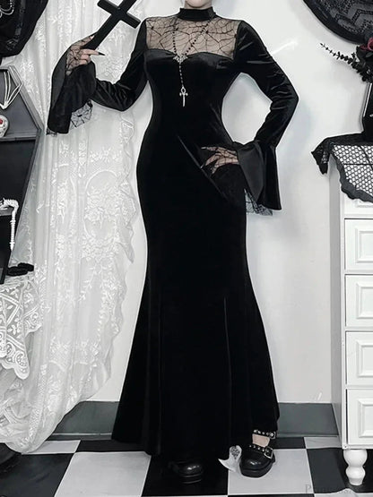 Spider Web Mesh Patchwork Long Dress