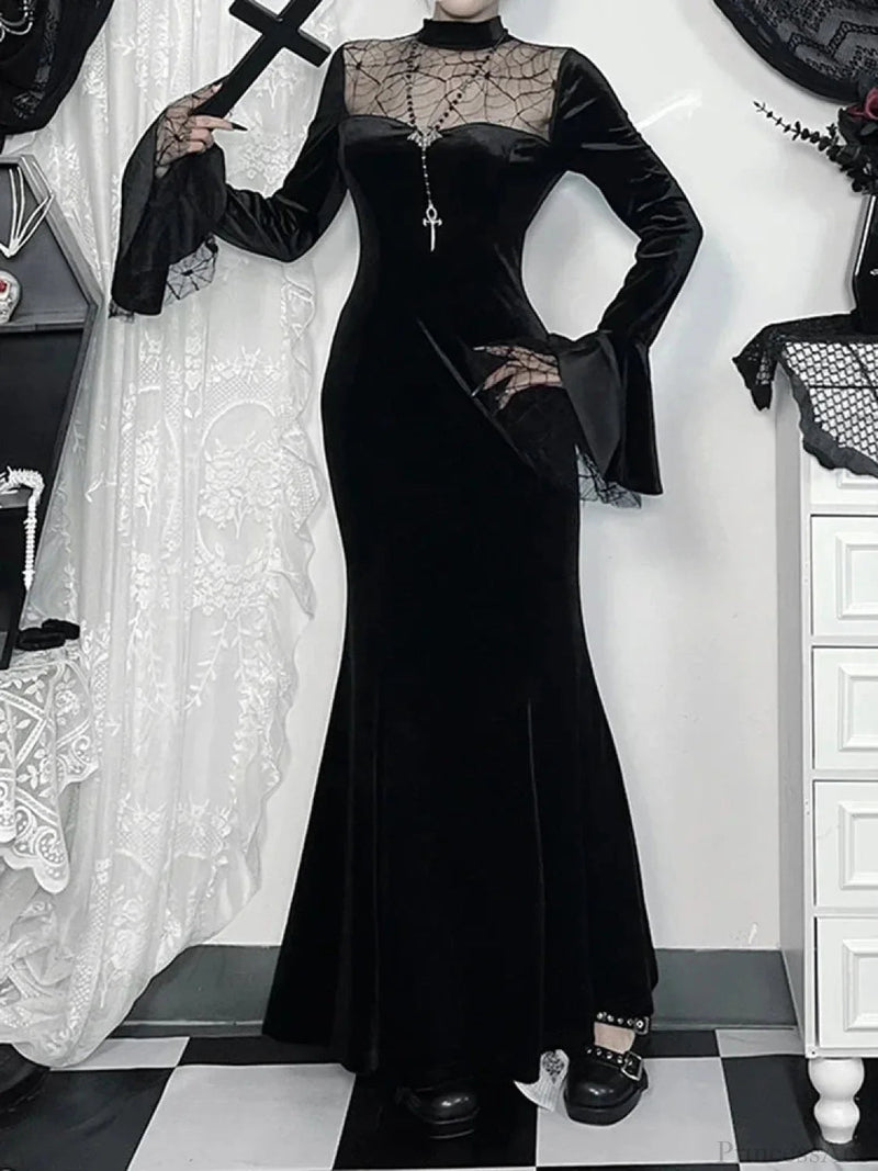 Spider Web Mesh Patchwork Long Dress