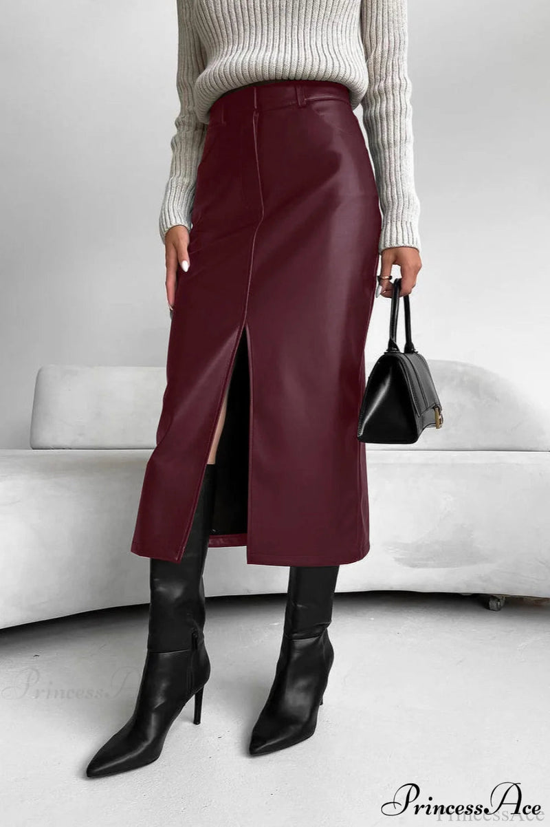 Split Design Fleece Lined Faux Leather Skirt