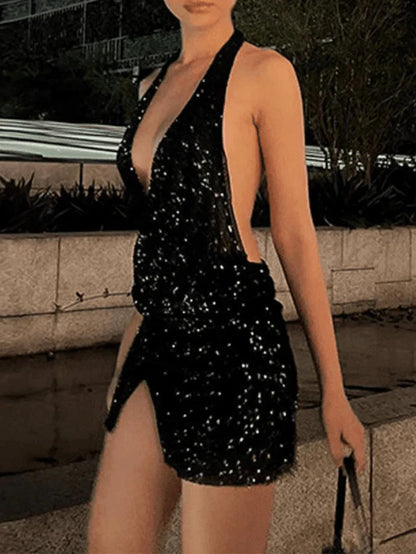 Black Split Sequin Halter Party Mini Dress