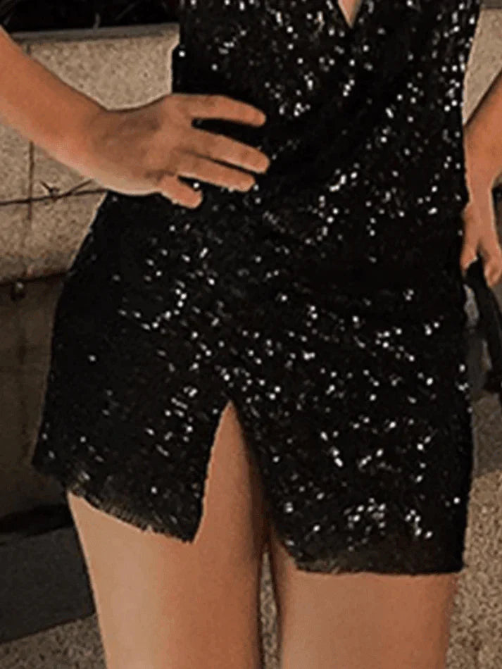 Black Split Sequin Halter Party Mini Dress