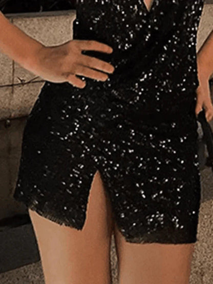 Black Split Sequin Halter Party Mini Dress