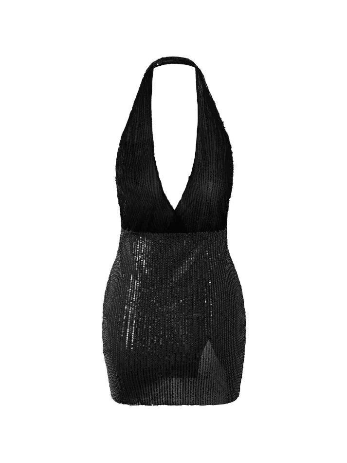 Black Split Sequin Halter Party Mini Dress