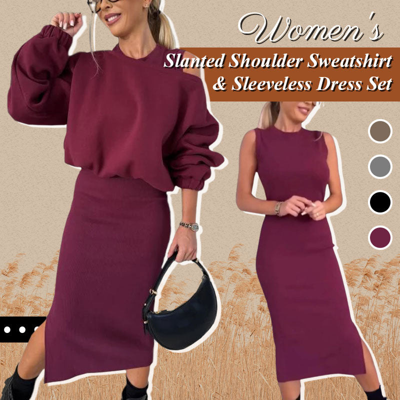 Slanted Shoulder Sweatshirt & Sleeveless Dress Set 30