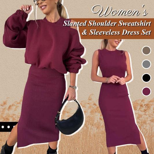 Slanted Shoulder Sweatshirt & Sleeveless Dress Set 30