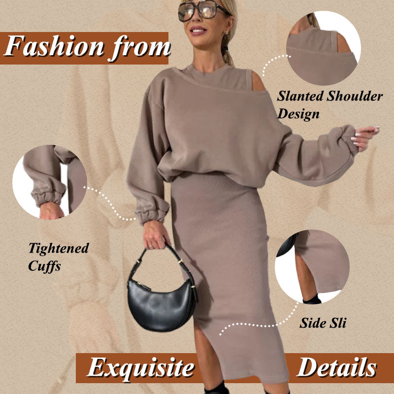 Slanted Shoulder Sweatshirt & Sleeveless Dress Set 30