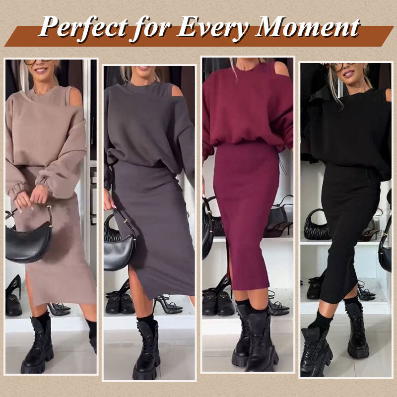 Slanted Shoulder Sweatshirt & Sleeveless Dress Set 30