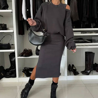 Slanted Shoulder Sweatshirt & Sleeveless Dress Set 30
