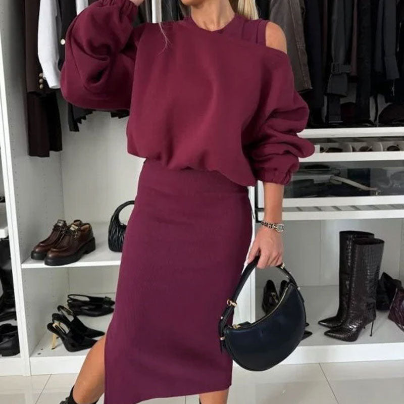 Slanted Shoulder Sweatshirt & Sleeveless Dress Set 30