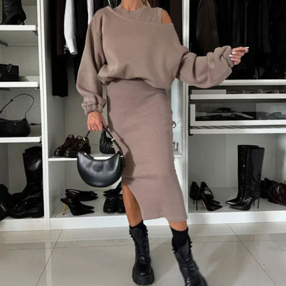 Slanted Shoulder Sweatshirt & Sleeveless Dress Set 30