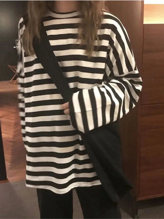 Spring Autumn Harajuku Striped Tshirt Long Sleeve O-neck T-shirts Ulzzang Korean T Shirt Femme Black Tops