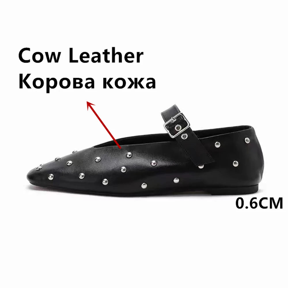 Stylish and Comfortable: Genuine Leather Mary Jane Flats With Rivet Accents and Buckle Detailing