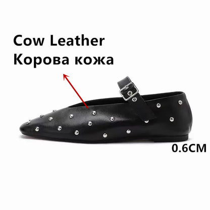 Stylish and Comfortable: Genuine Leather Mary Jane Flats With Rivet Accents and Buckle Detailing