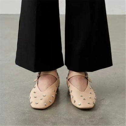 Stylish and Comfortable: Genuine Leather Mary Jane Flats With Rivet Accents and Buckle Detailing