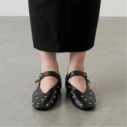 Stylish and Comfortable: Genuine Leather Mary Jane Flats With Rivet Accents and Buckle Detailing