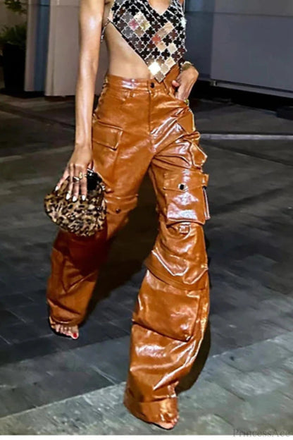 Summer Loose Pu Leather Cargo Pants