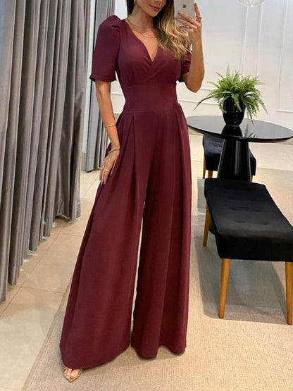 V-neck Tie High-waisted Short-sleeved Wide-leg Jumpsuit