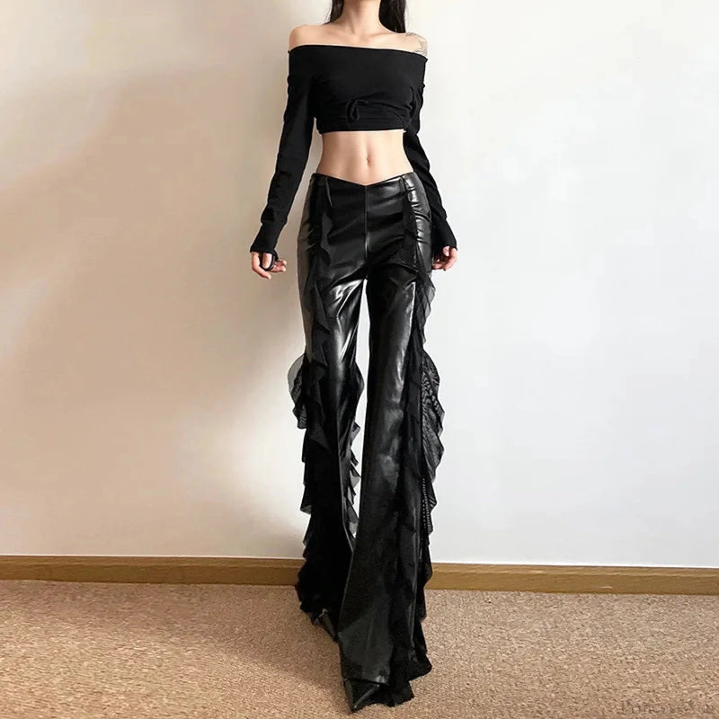 Tall Waist Gothic False Pu Mesh Pant