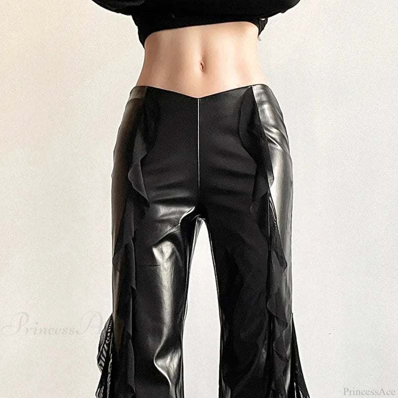 Tall Waist Gothic False Pu Mesh Pant