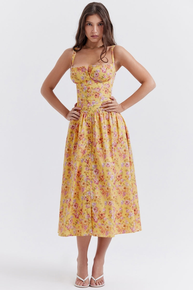 Tatiana Yellow Print Midi Dress