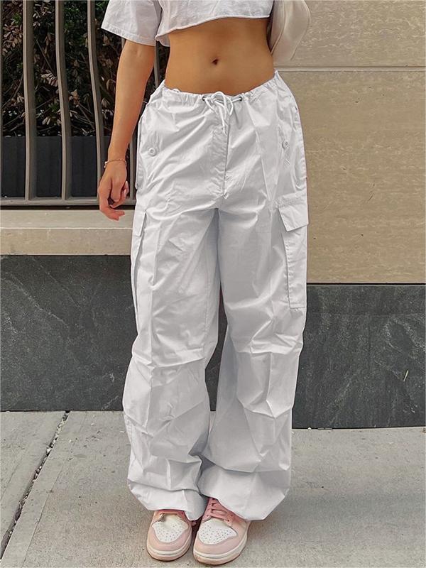 White Y2k Baggy Parachute Cargo Pants With Drawstring