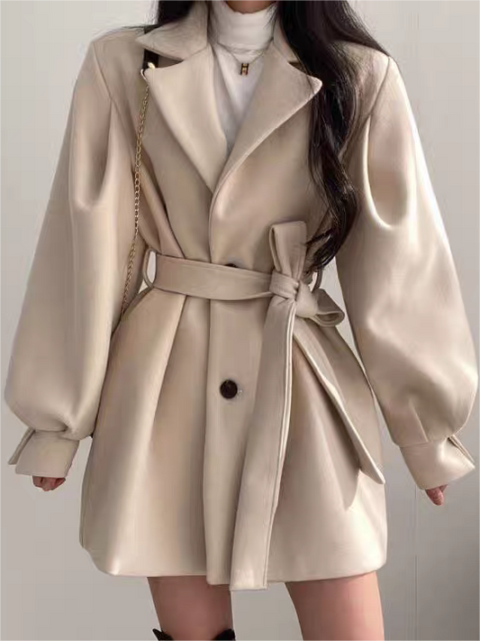 Lapel Collar Puff Sleeve Coat With Belt