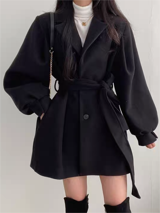 Lapel Collar Puff Sleeve Coat With Belt