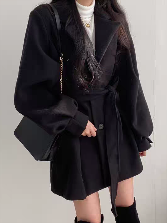 Lapel Collar Puff Sleeve Coat With Belt