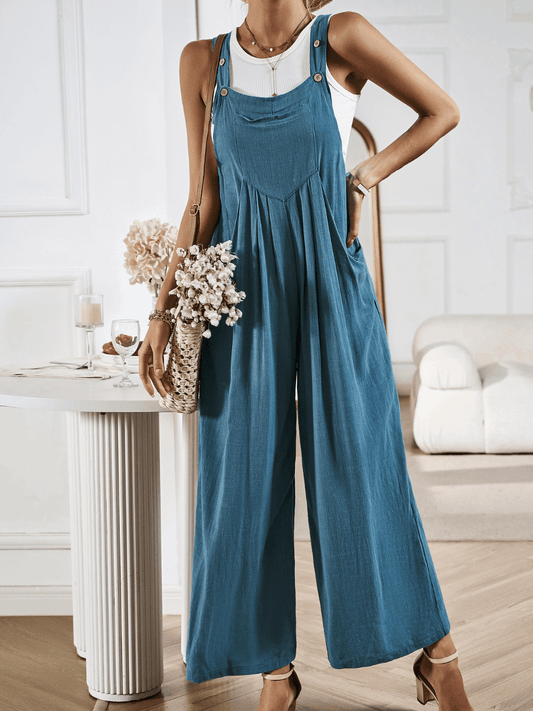Linette Wide Leg Linen Overalls - Teal