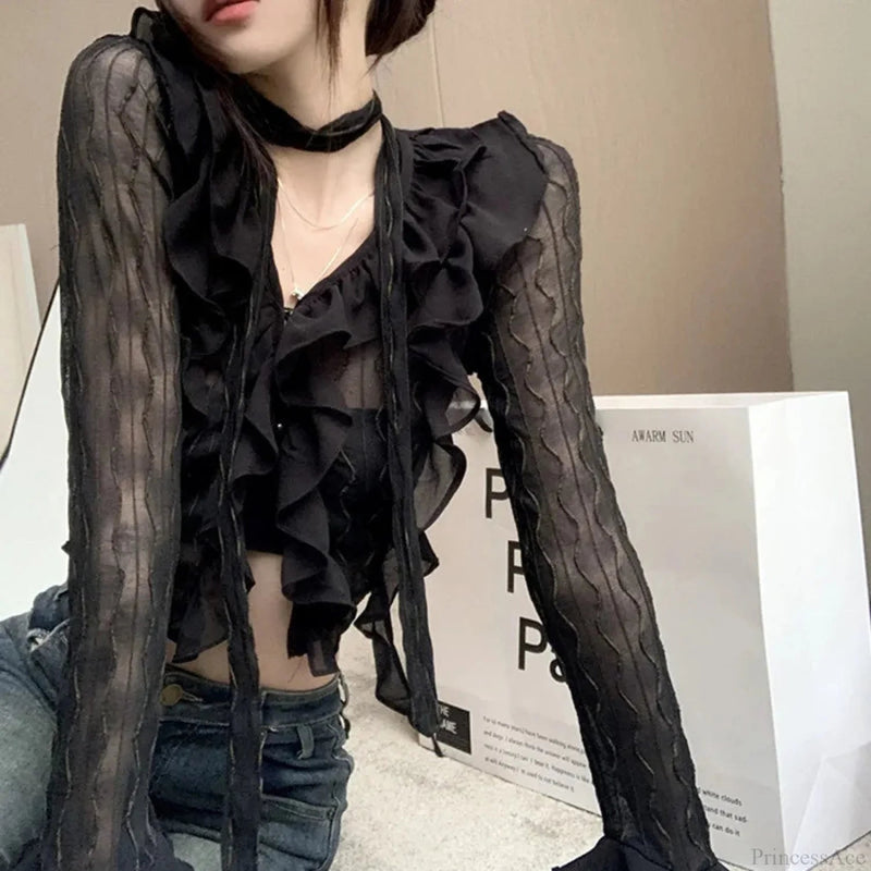 Transparent V-neck Flared Sleeve Blouse