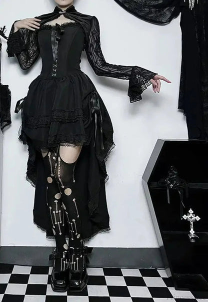 Uneven Folded Lace Black Midi Dress