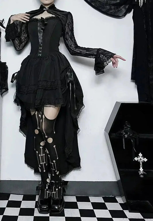 Uneven Folded Lace Black Midi Dress
