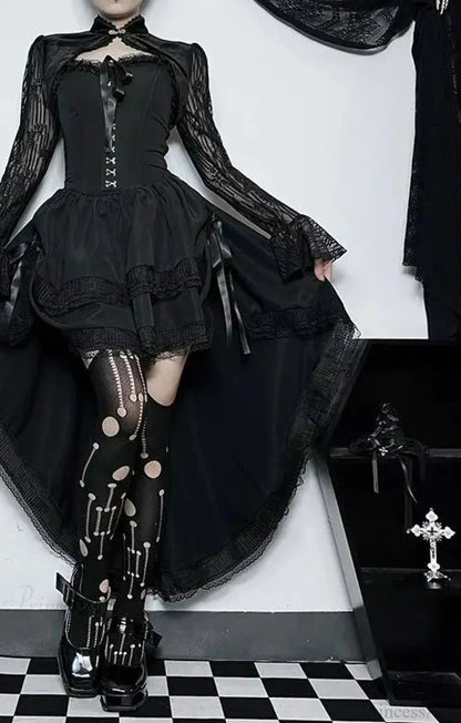Uneven Folded Lace Black Midi Dress