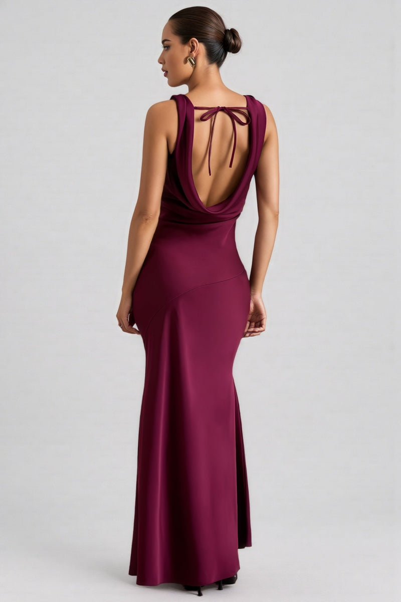 Yararl Burgundy Satin Cowl-neck Maxi Dress