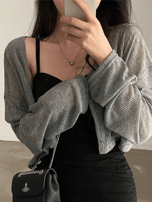 Grey V Neck Button Up Cropped Cardigan