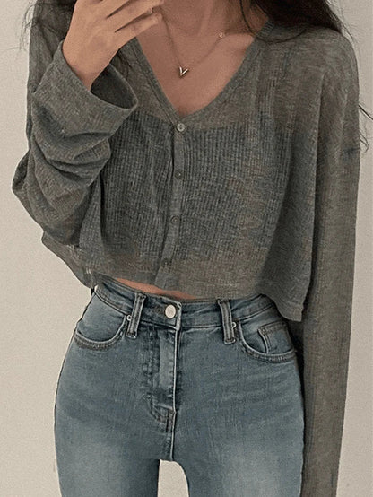 Grey V Neck Button Up Cropped Cardigan