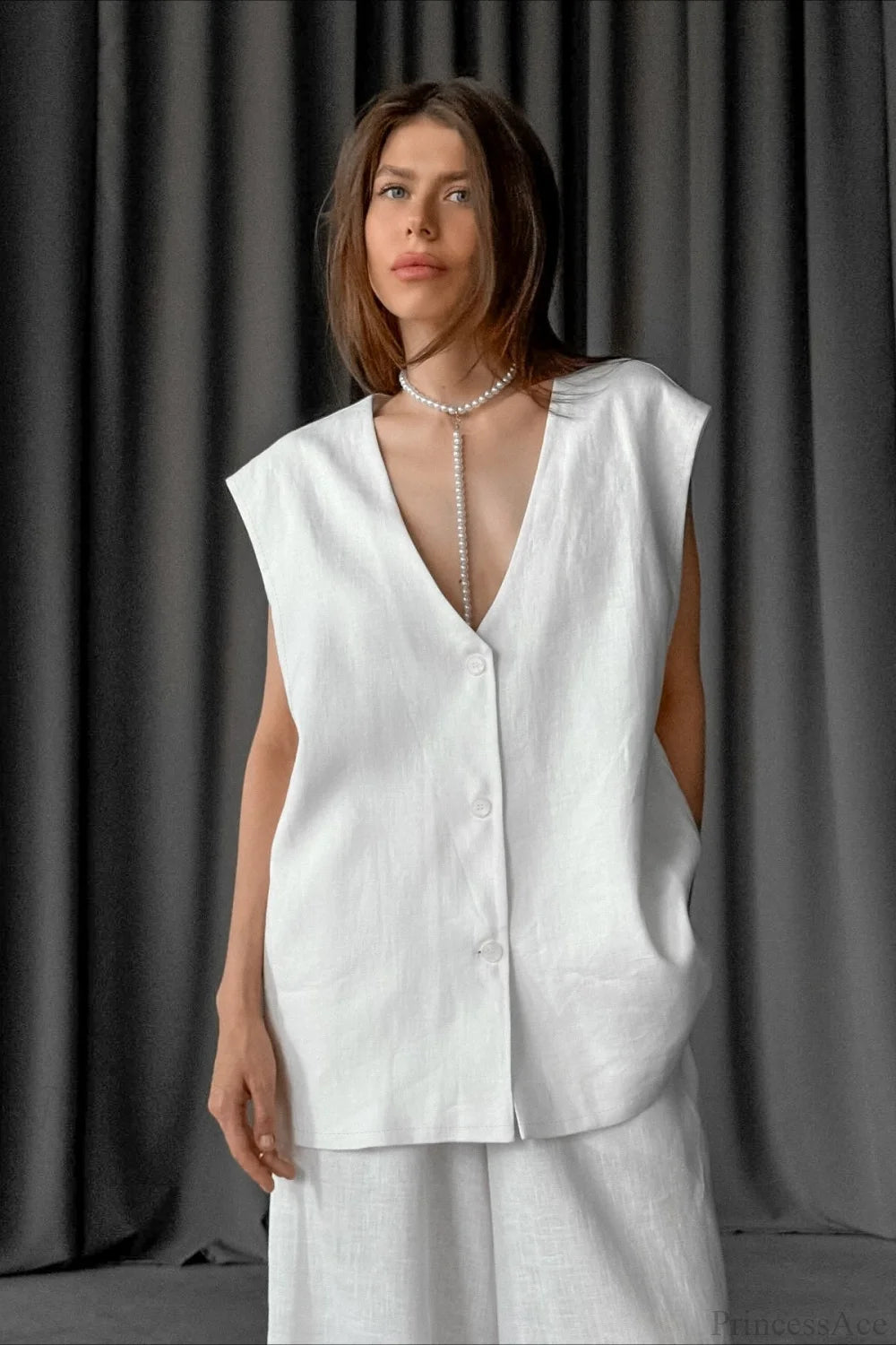 V-neck Cotton Linen Sleeveless Vest Two Piece Set
