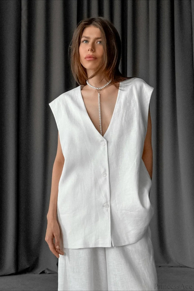 V-neck Cotton Linen Sleeveless Vest Two Piece Set