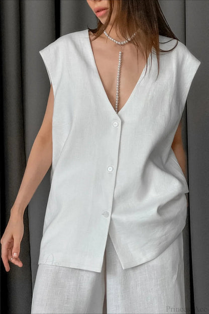 V-neck Cotton Linen Sleeveless Vest Two Piece Set