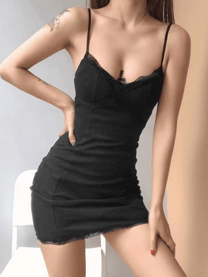 Black V Neck Lace Trim Bodycon Mini Dress