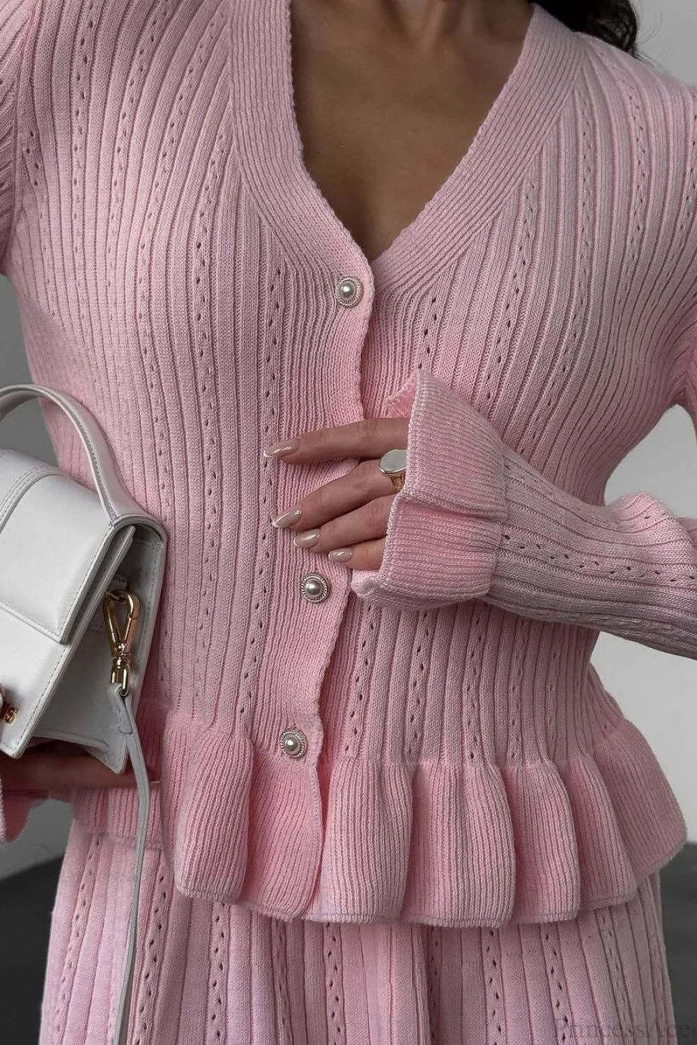 V-neck Sparkle Ruffled Waist-cinched Knit Two Piece Set