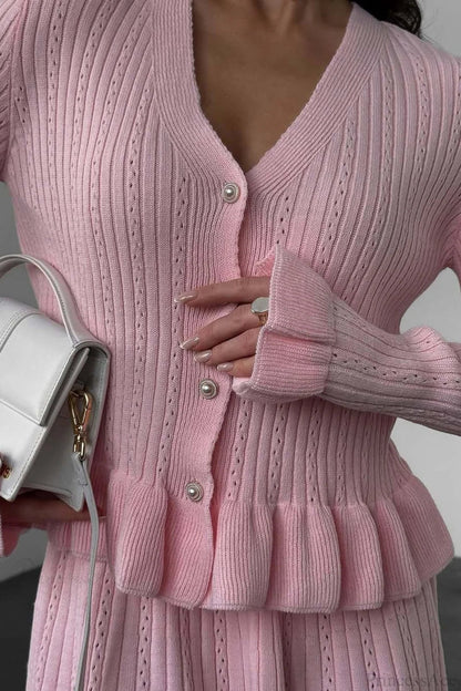 V-neck Sparkle Ruffled Waist-cinched Knit Two Piece Set