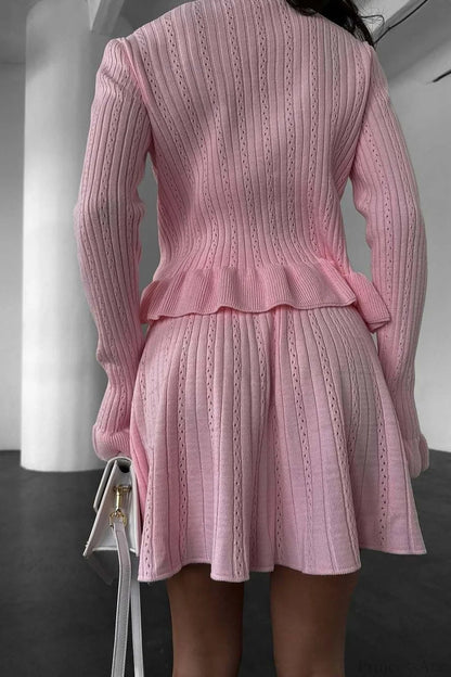 V-neck Sparkle Ruffled Waist-cinched Knit Two Piece Set
