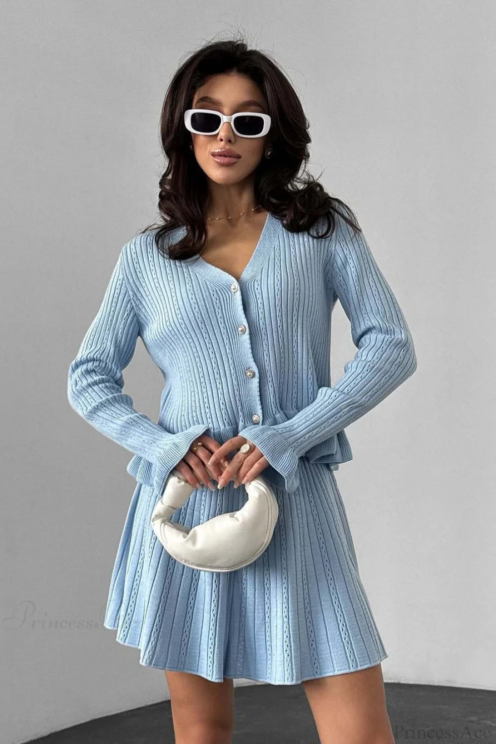 V-neck Sparkle Ruffled Waist-cinched Knit Two Piece Set