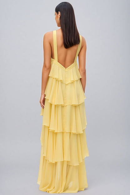 Kairot Yellow Backless 3d Flower Maxi Dress