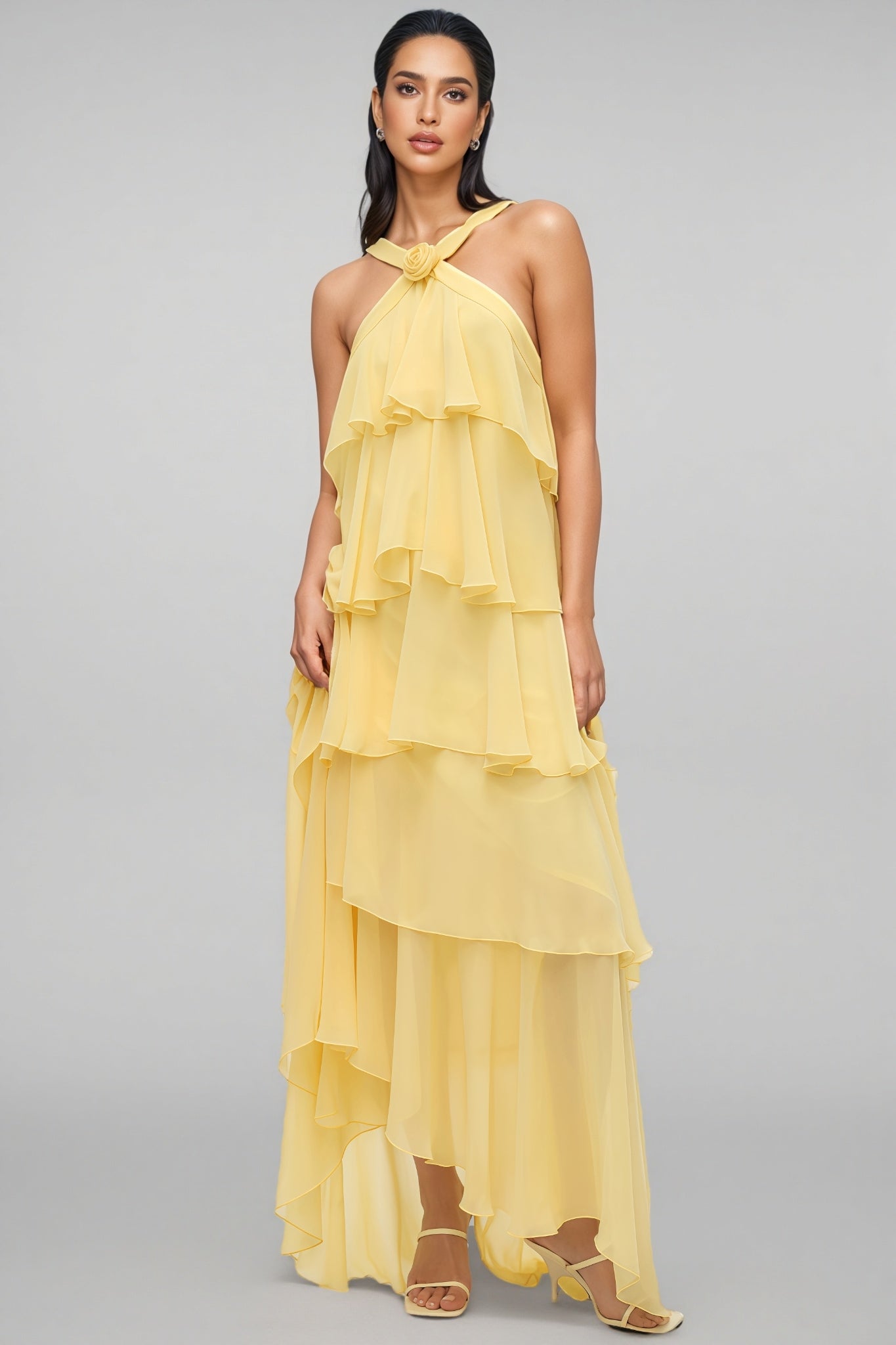 Kairot Yellow Backless 3d Flower Maxi Dress