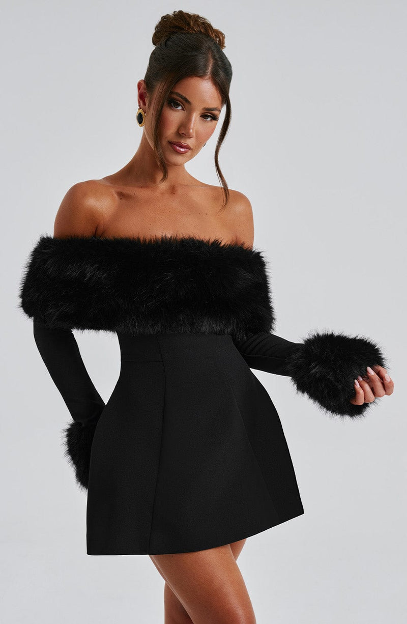 Rory - Off-shoulder Fur Sleeve Mini Dress