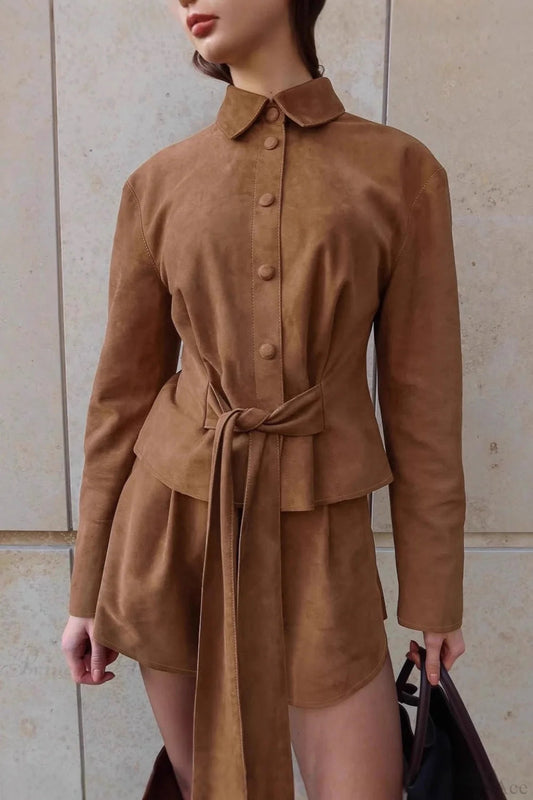 Brown Suede Tie Waist Cropped Two Piece Set