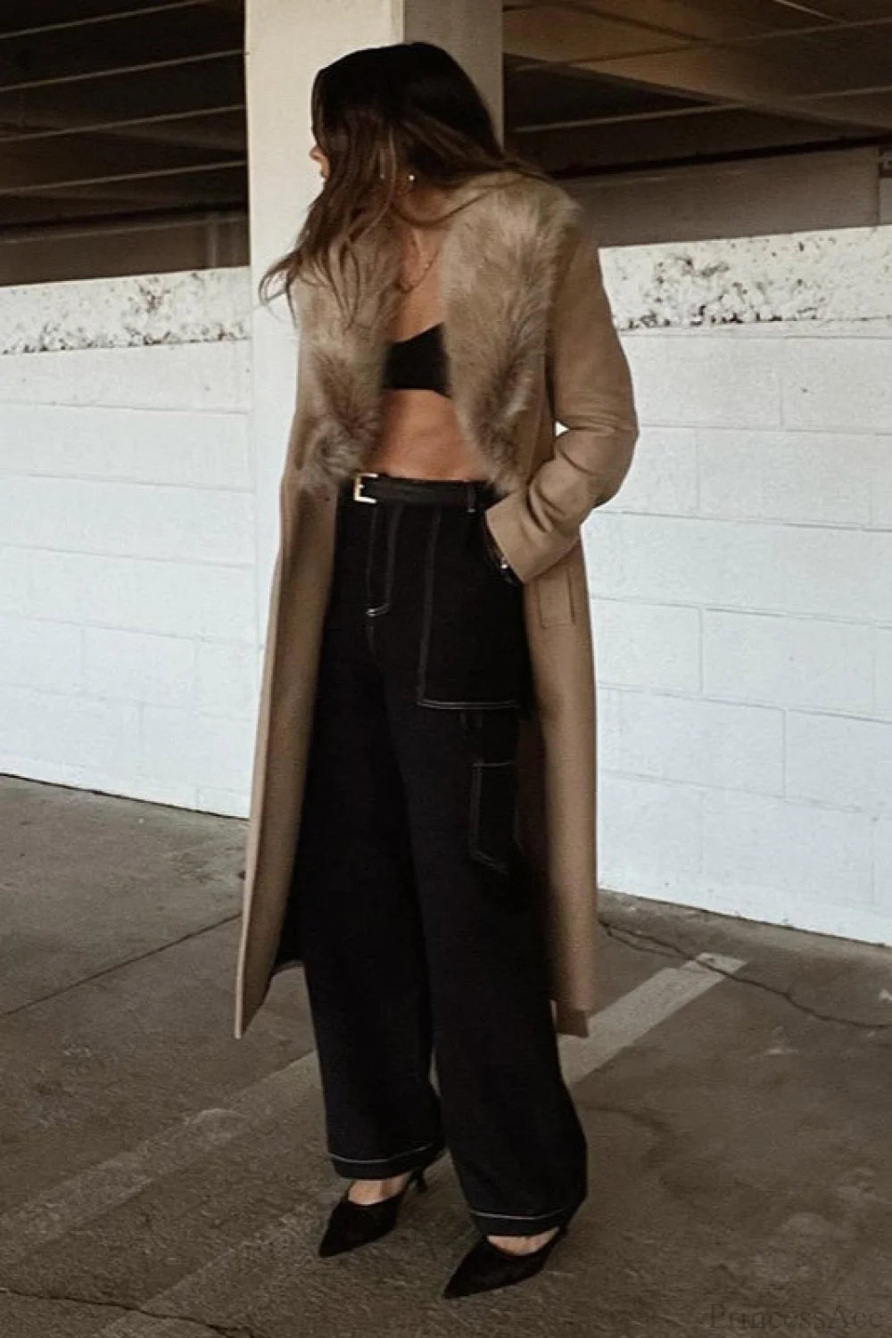Wool Blend Fur Collar Overcoat