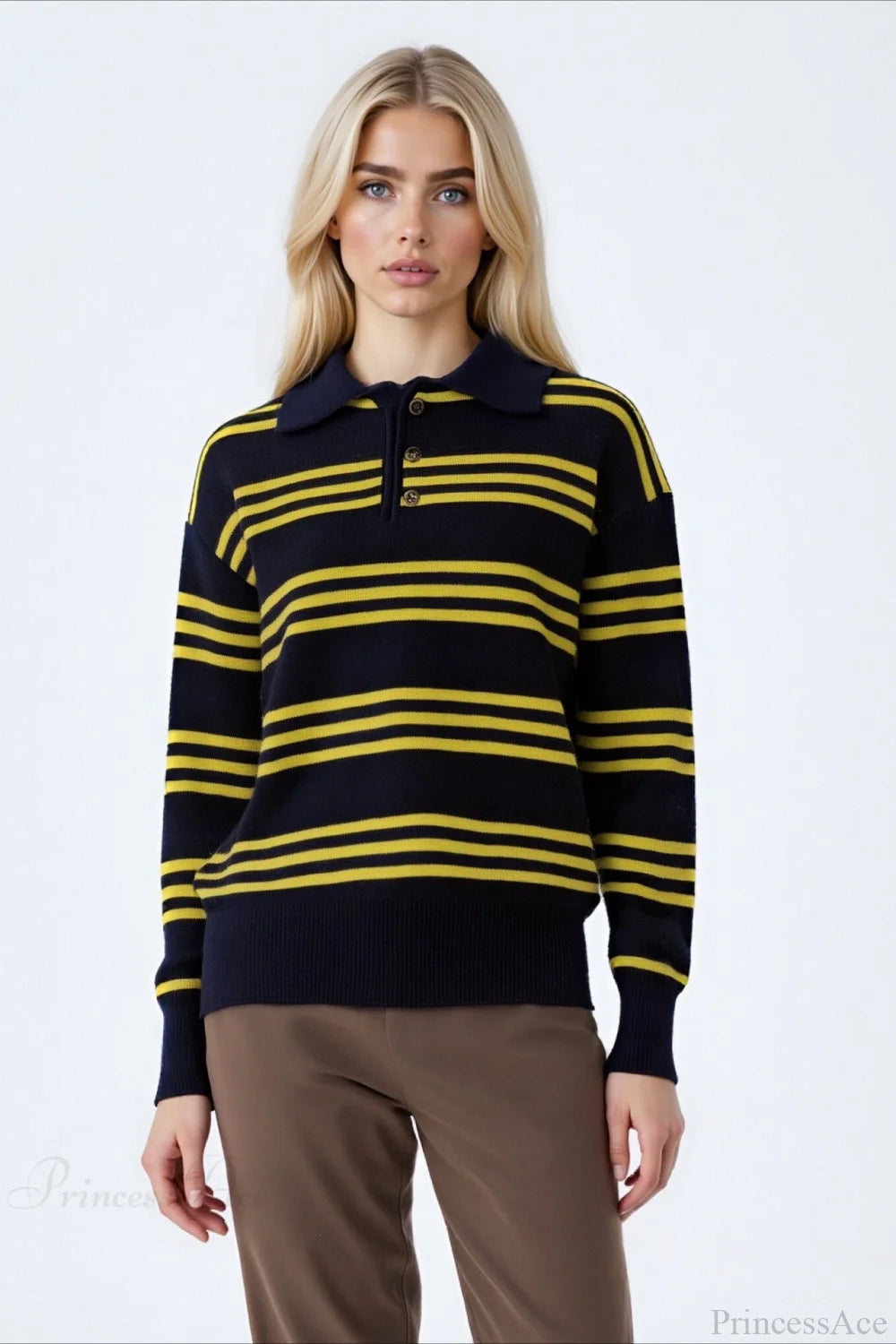 Colorblock Stripe Collar Patchwork Loose Knit Sweater